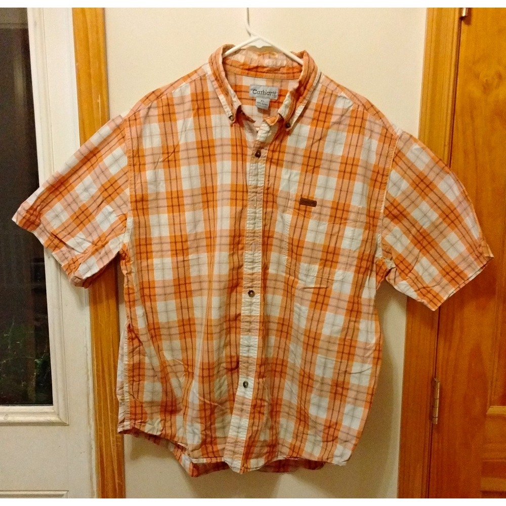 Carhartt Orange/White Plaid Short Sleeve Button-Up Shirt w/ Pockets Mens XL